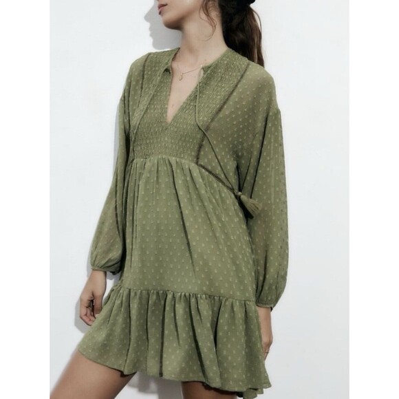 Zara Dresses & Skirts - ZARA Green Dotted Mesh Mini Dress Lined Long Sleeve Women’s S